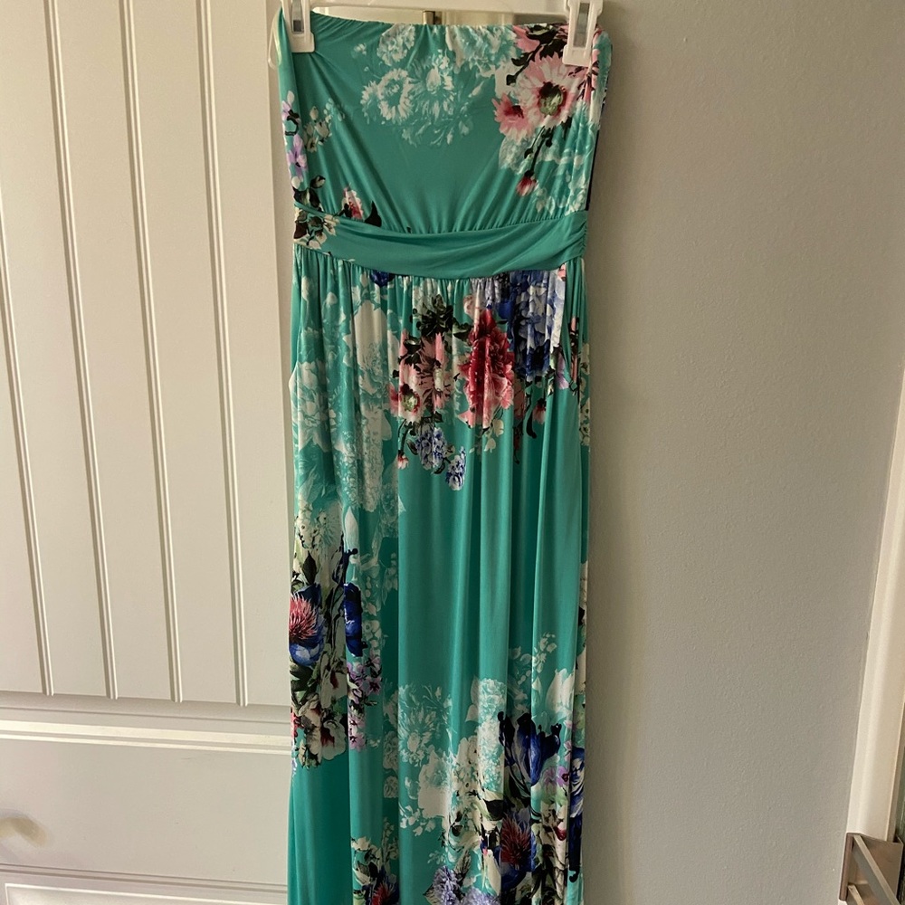 Aqua Floral Maxi Strapless Dress
